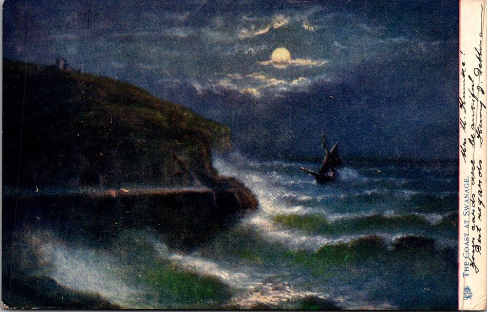 The Coast At Swanage At Night 1904 Vintage Postcard SP17-30